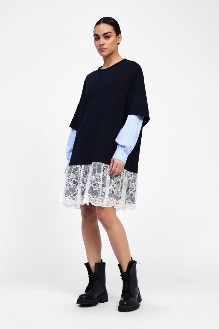 Shirt Sleeve Dress with Lace Skirt