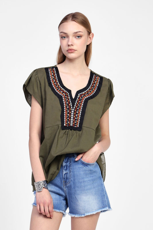 Top with Embroided V-Neck
